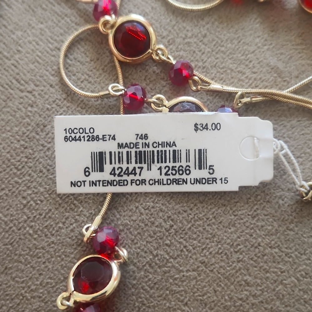 Nine West 38" Long Necklace with Ruby Red Stones and Beads